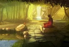 bamboo rocks ponds stairways zen digital art artwork monk waterfalls meditation birds 1680x1050 w Art HD Wallpaper